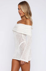 Cant Leave Me Long Sleeve Boucle Mini Dress White