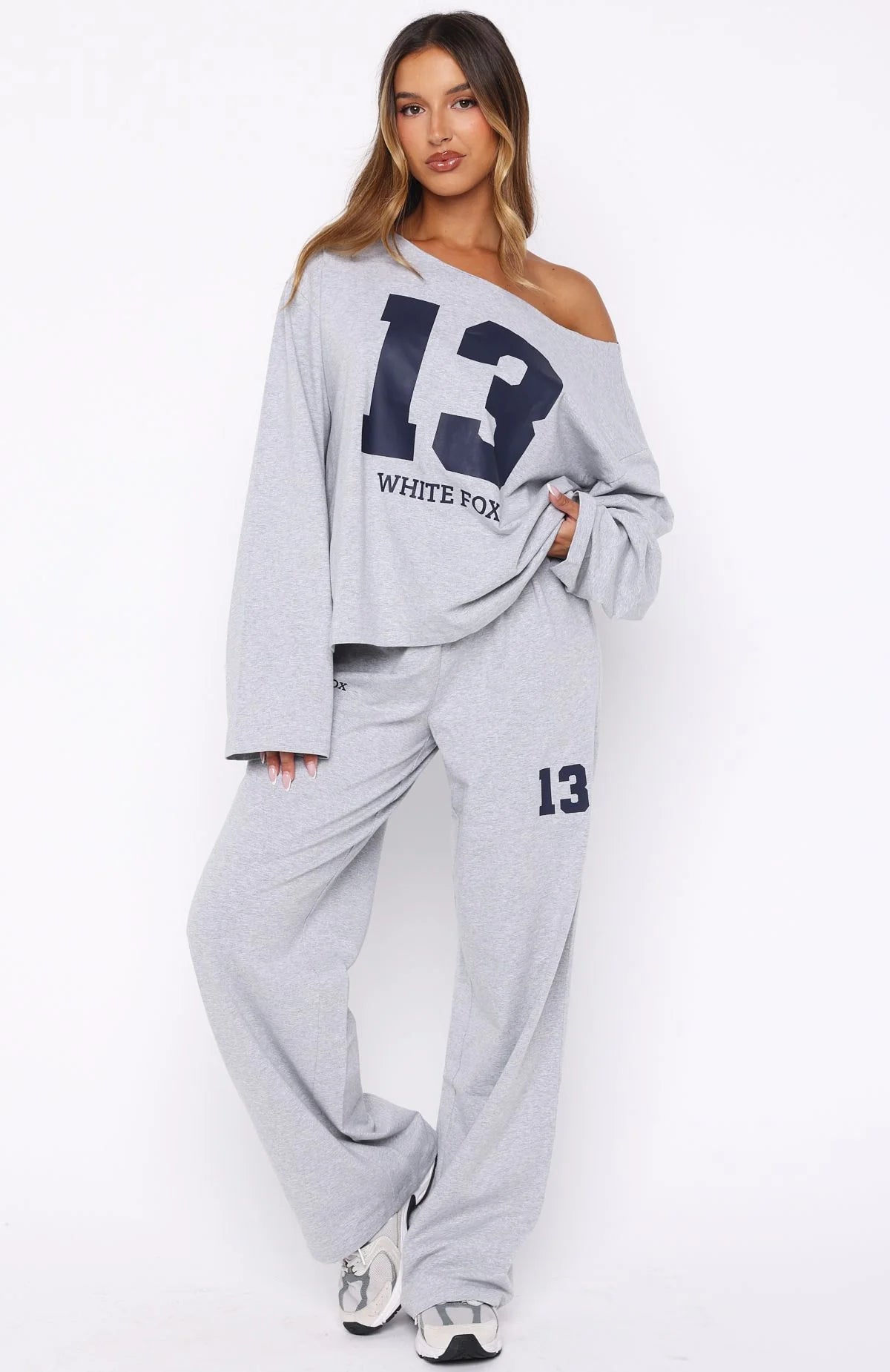 Only One Left Off Shoulder Oversized Long Sleeve Tee Grey Marle