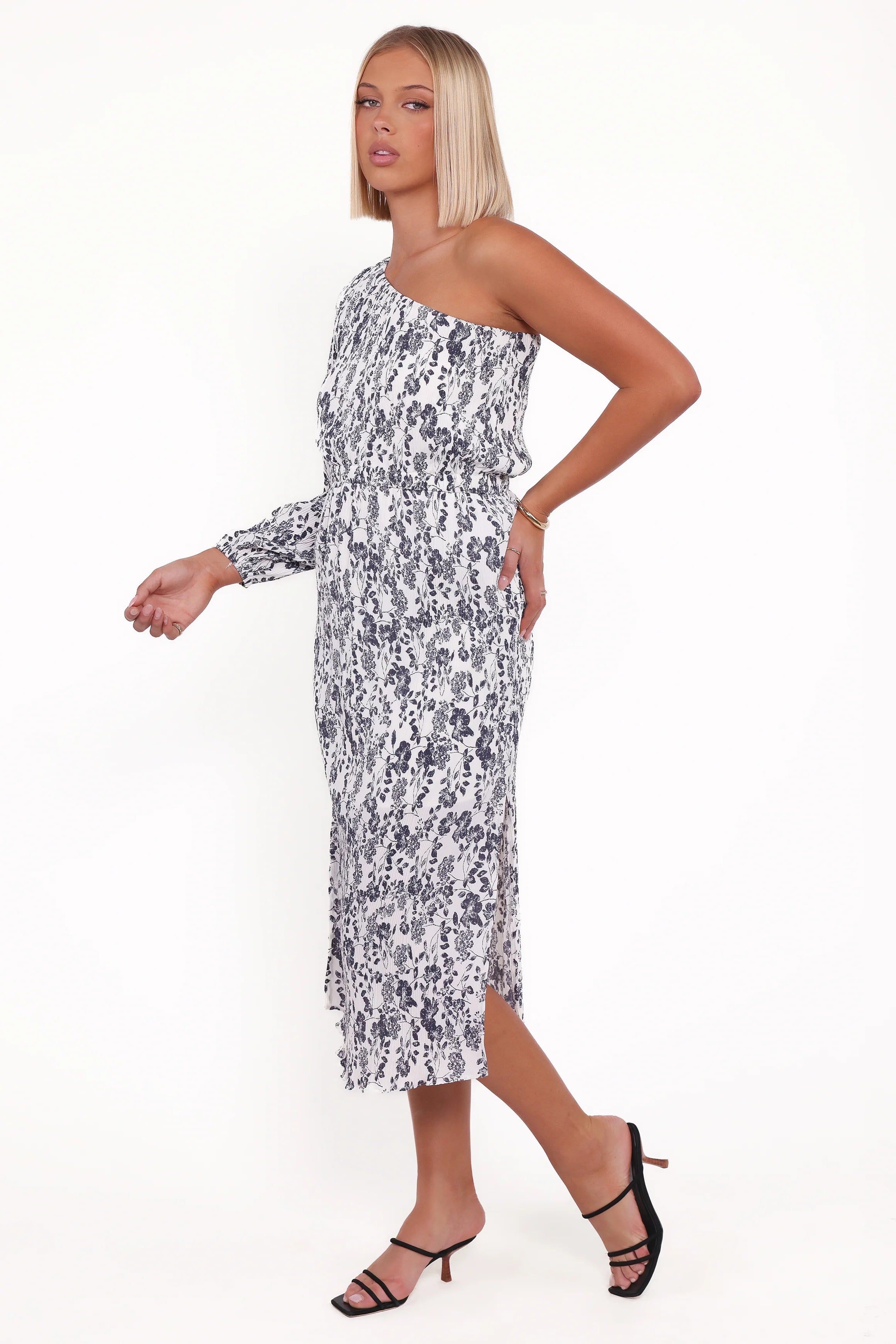 Pontee One Shoulder Pleated Midi Dress Navy Floral