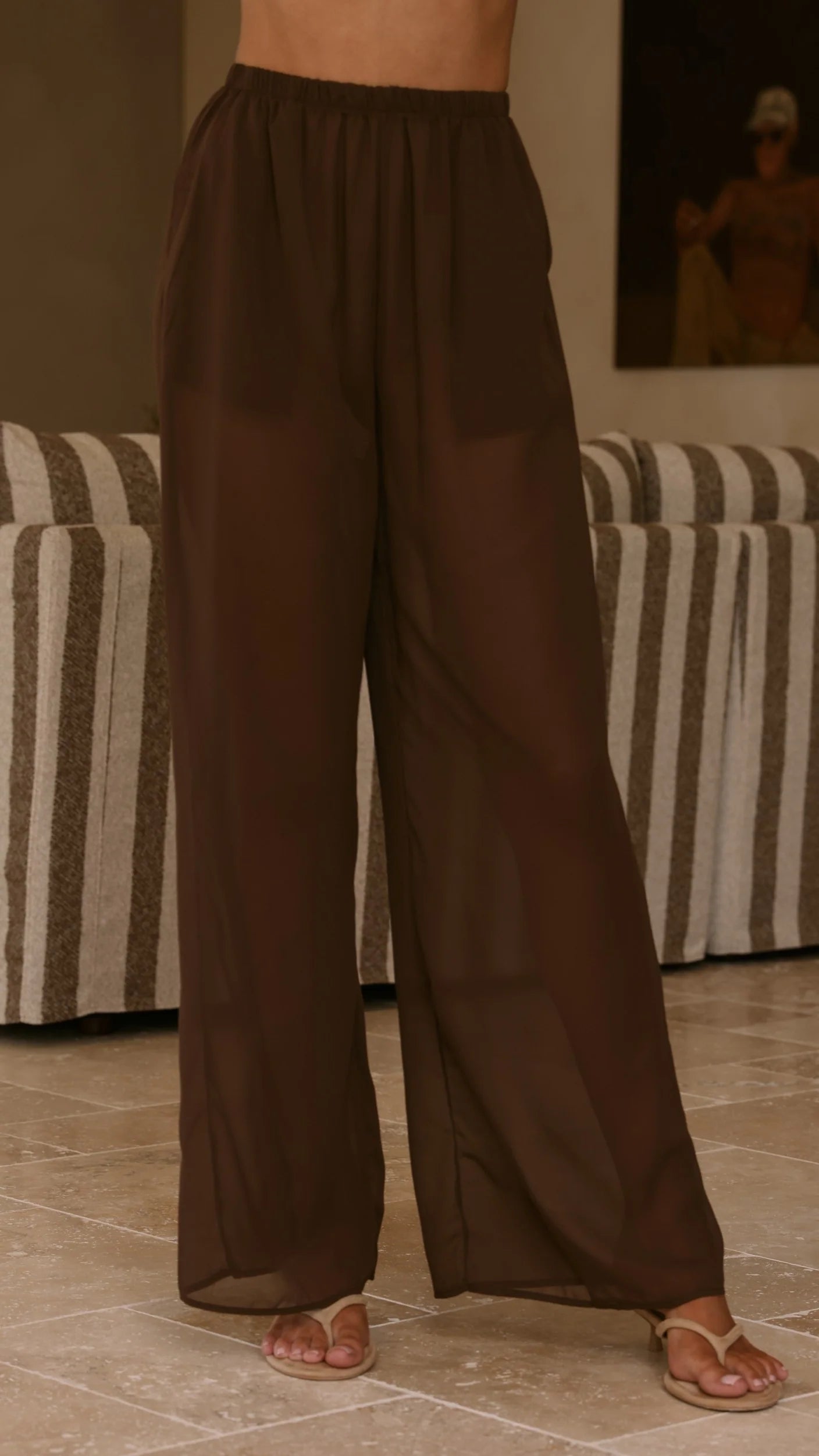 Zaire Long Line Sheer Top and Pants Set Chocolate