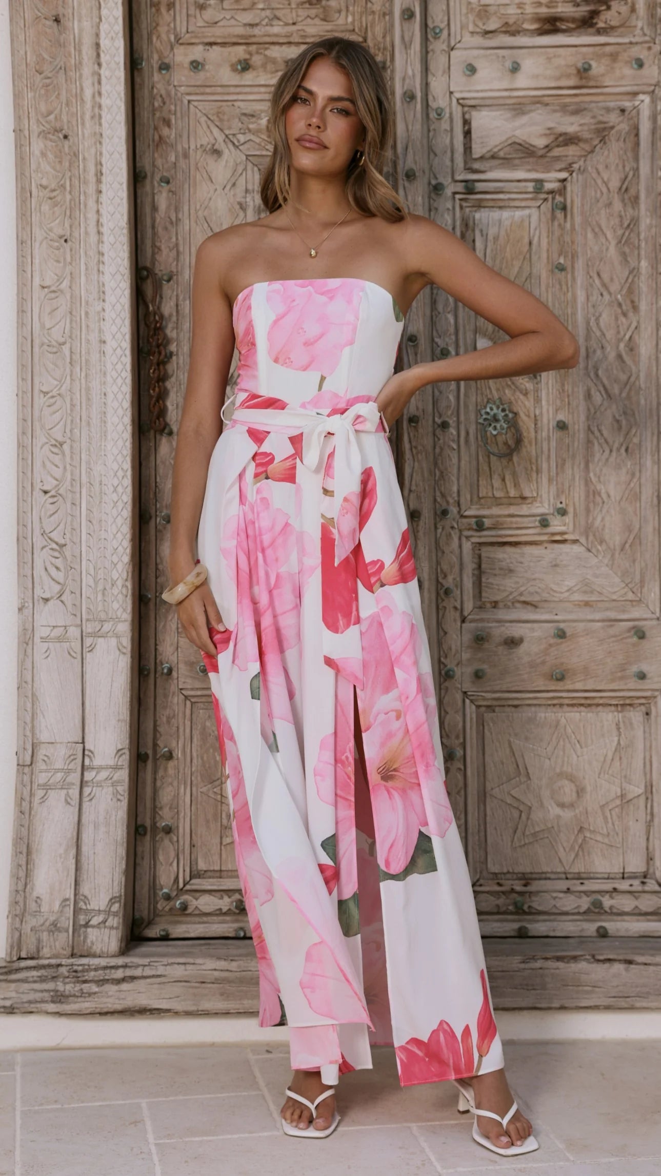Carson Front Split Strapless Jumpsuit Pink Floral