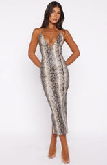 Shes A Queen PU Midi Dress Tan Snake