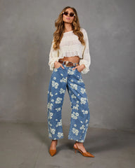 Daisy Ridge Rigid Barrel Leg Mid Rise Floral Jeans