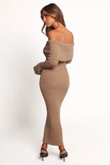 Domitia Off Shoulder Knit Dress Brown
