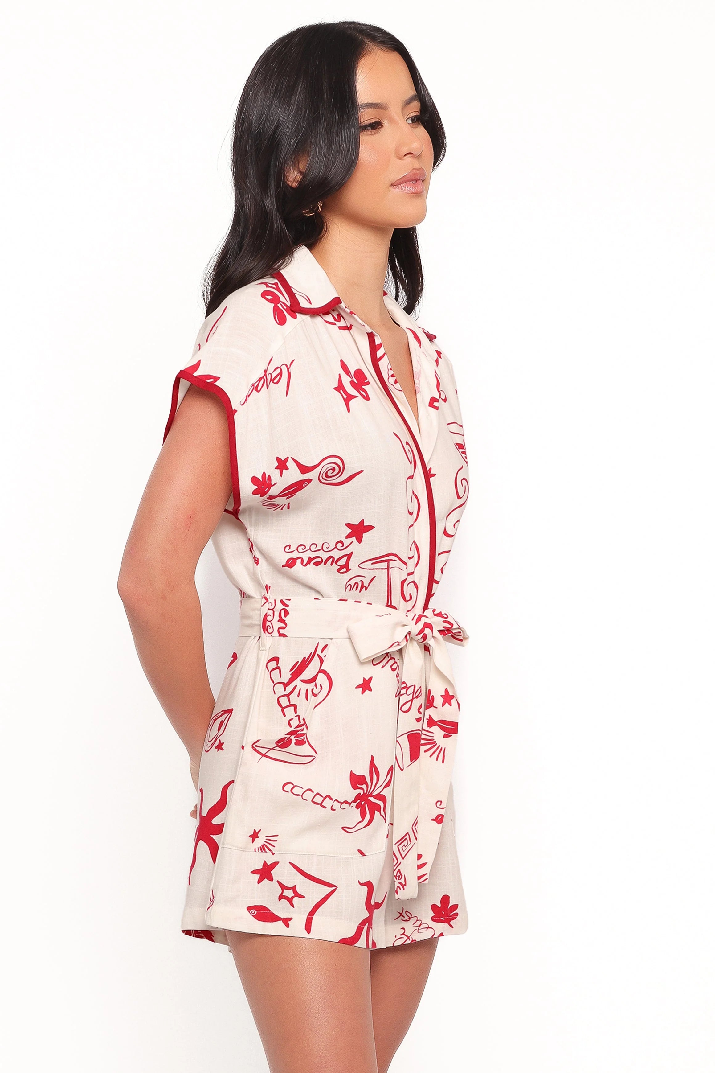 Kensie Tie Waist Romper Red