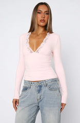 Knew That All Along Lace Trim Long Sleeve Top Baby Pink