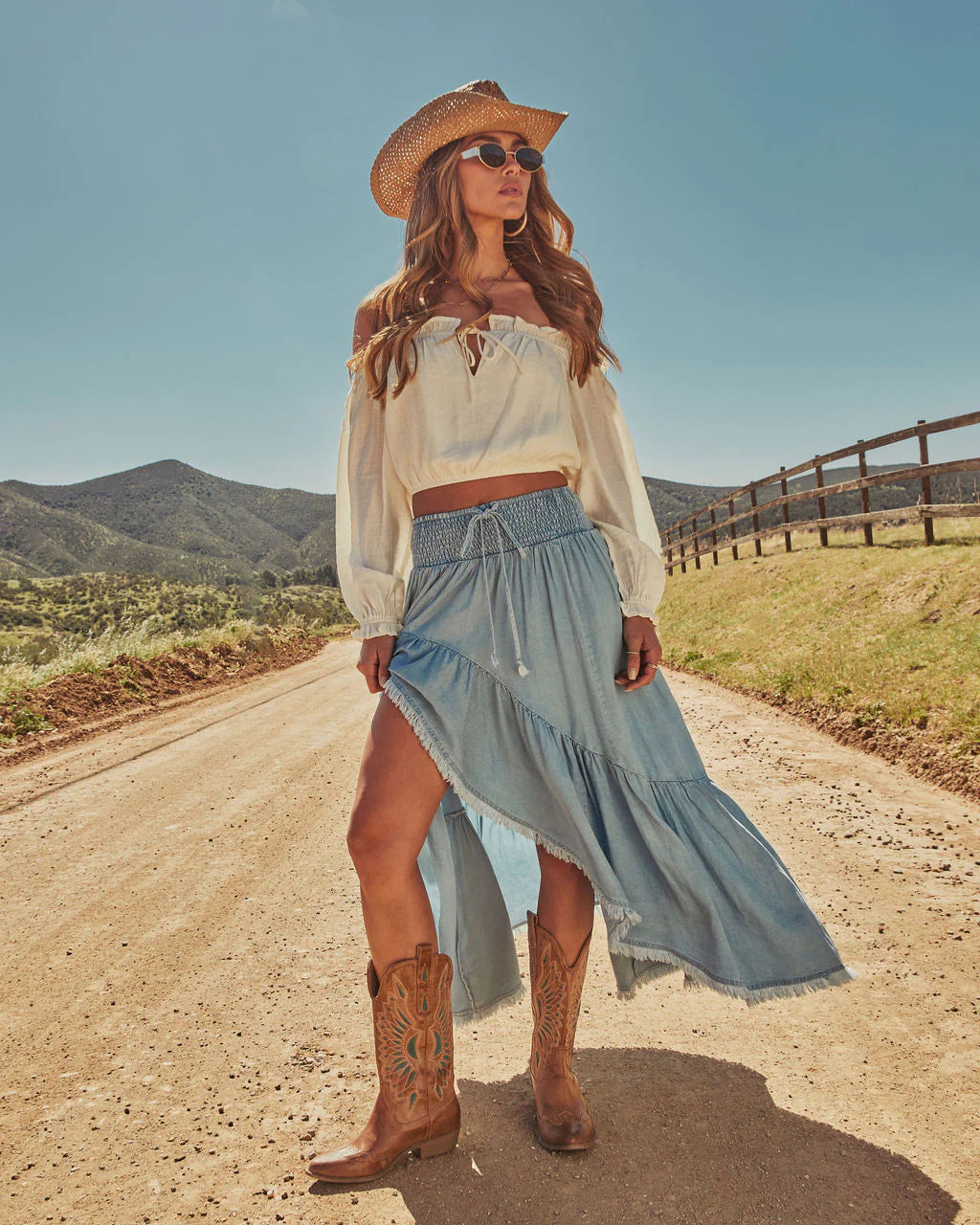 Prairie Rebel Frayed High Low Denim Maxi Skirt