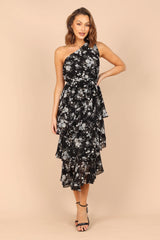 Brigette One Shoulder Tiered Midi Dress Black Floral