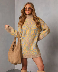 Gillie Abstract Mock Neck Mini Sweater Dress