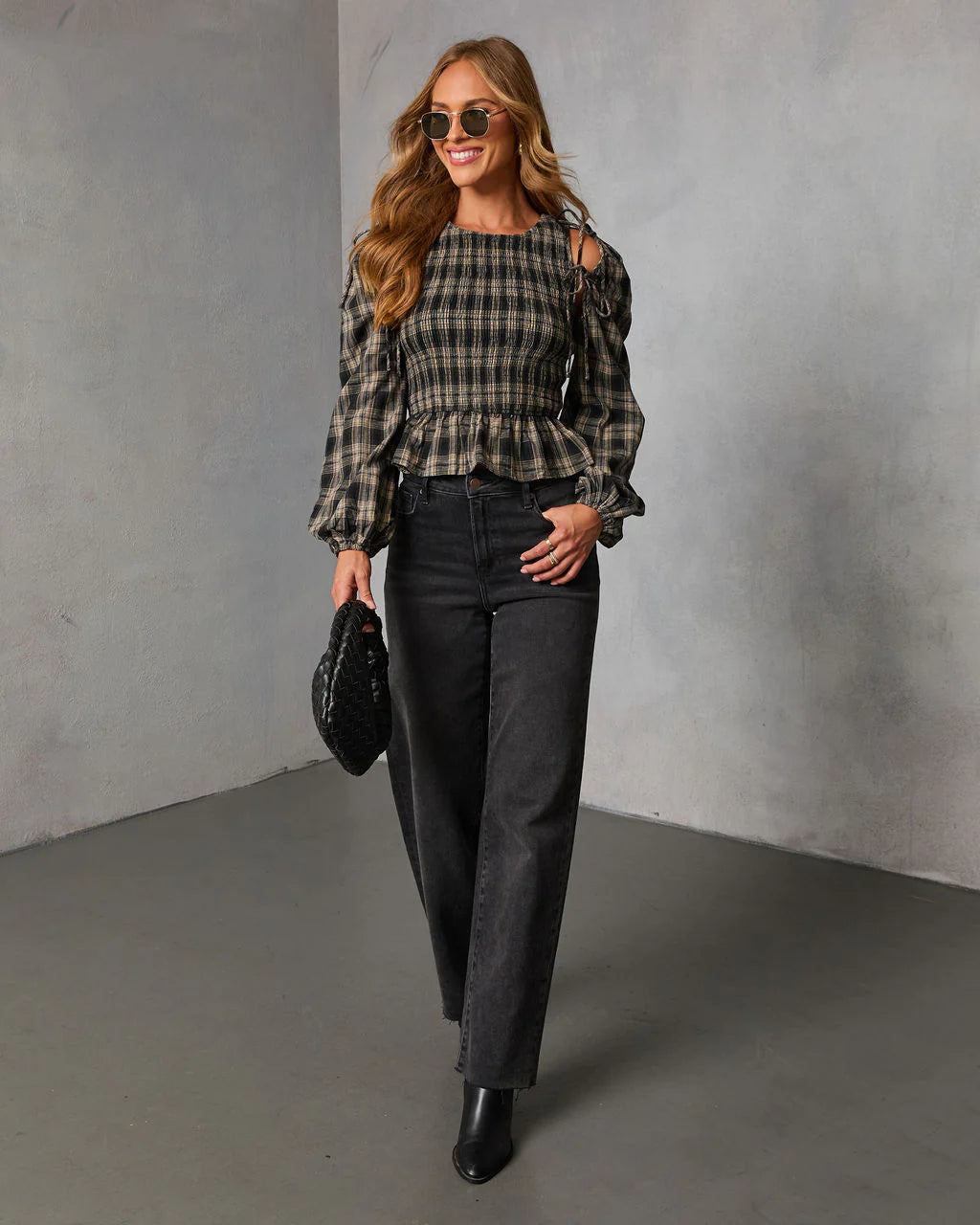 Veralie Smocked Plaid Peplum Top