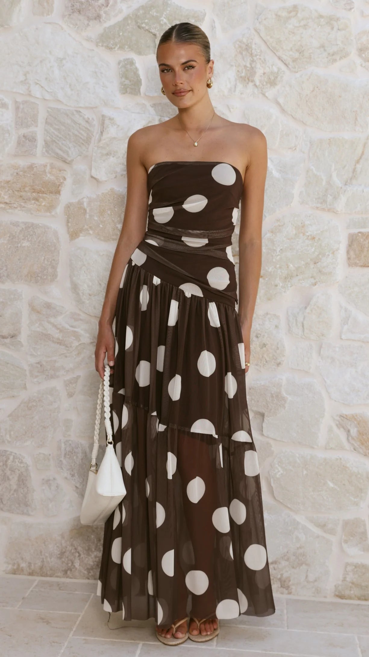 Riko Strapless Maxi Dress Chocolate Macro Polka