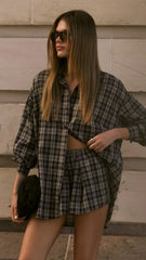 Arli Button Up Shirt Black Beige Plaid