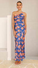 Verity One Shoulder Maxi Dress Orange Blue Floral