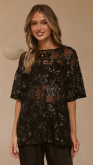 Arlo Oversized Sequin Top Black Floral