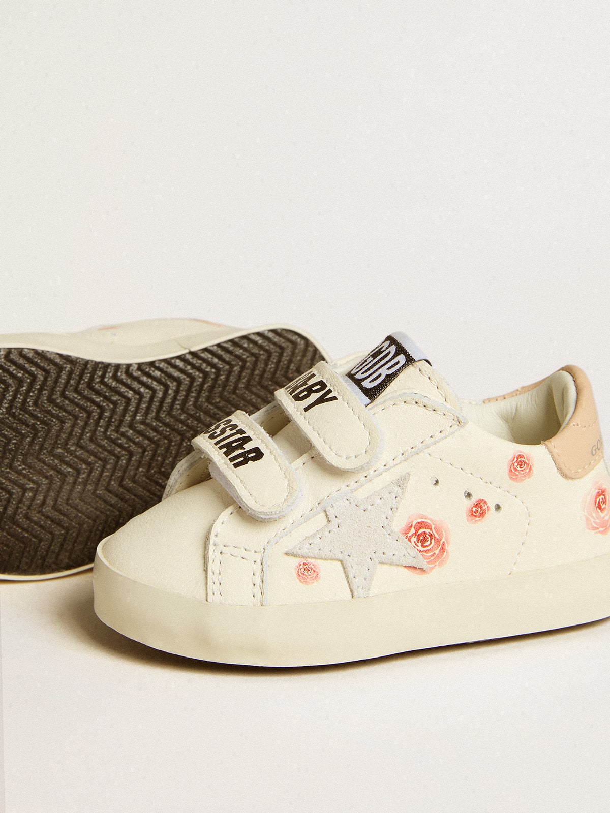 Baby School in nappa leather with pink rose motif and white suede star