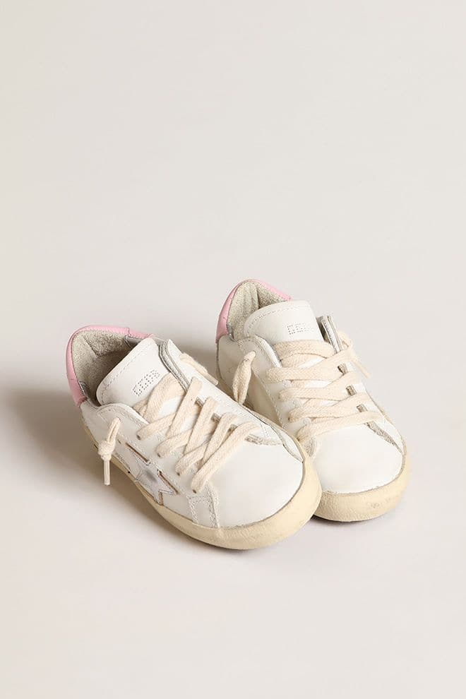 Junior Super-Star in white leather with silver metallic star and pink heel tab