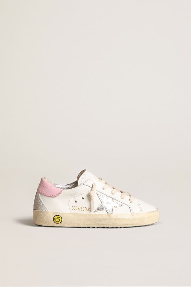 Junior Super-Star in white leather with silver metallic star and pink heel tab