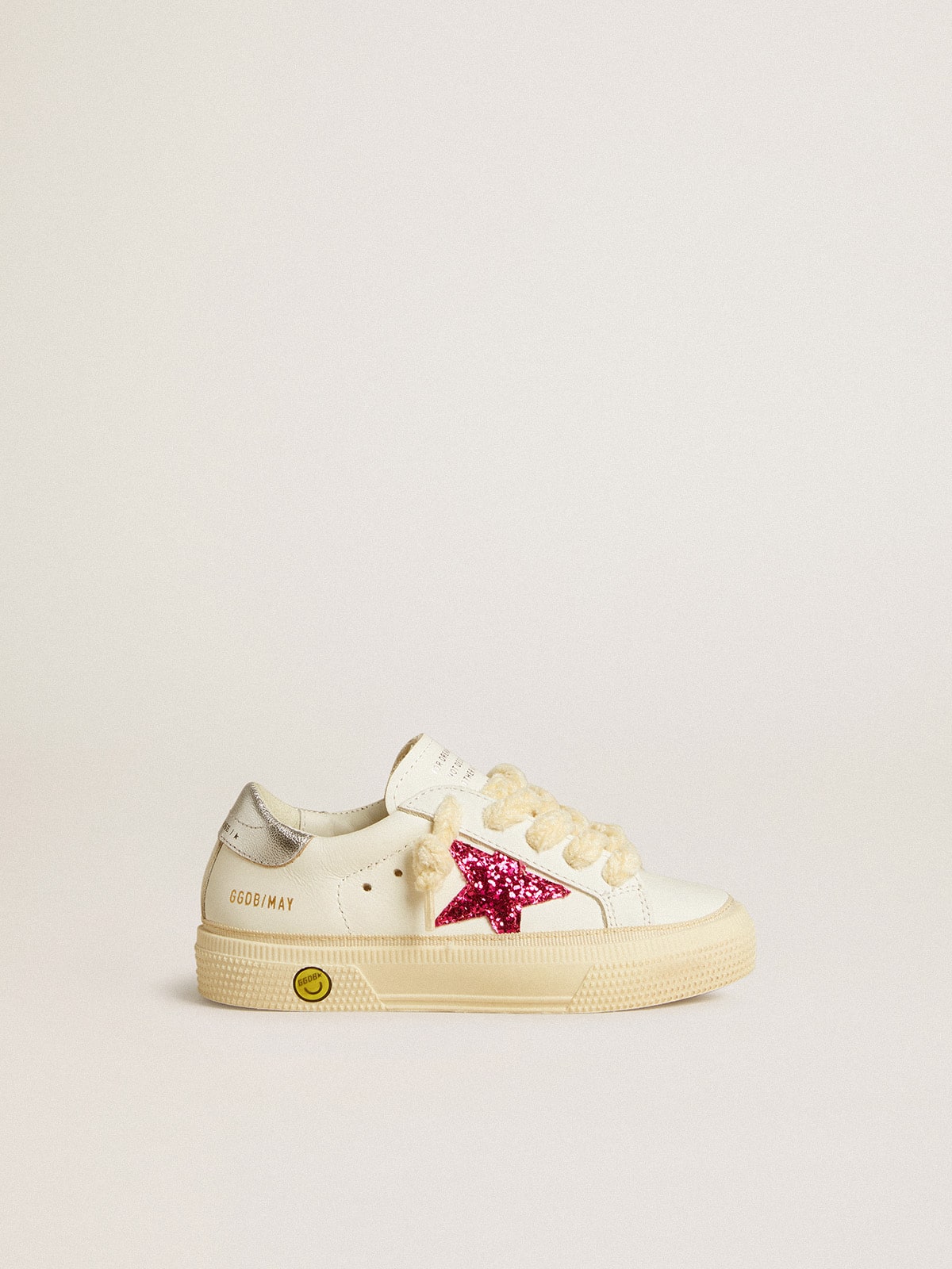 Junior May with fuchsia glitter star and metallic leather heel tab