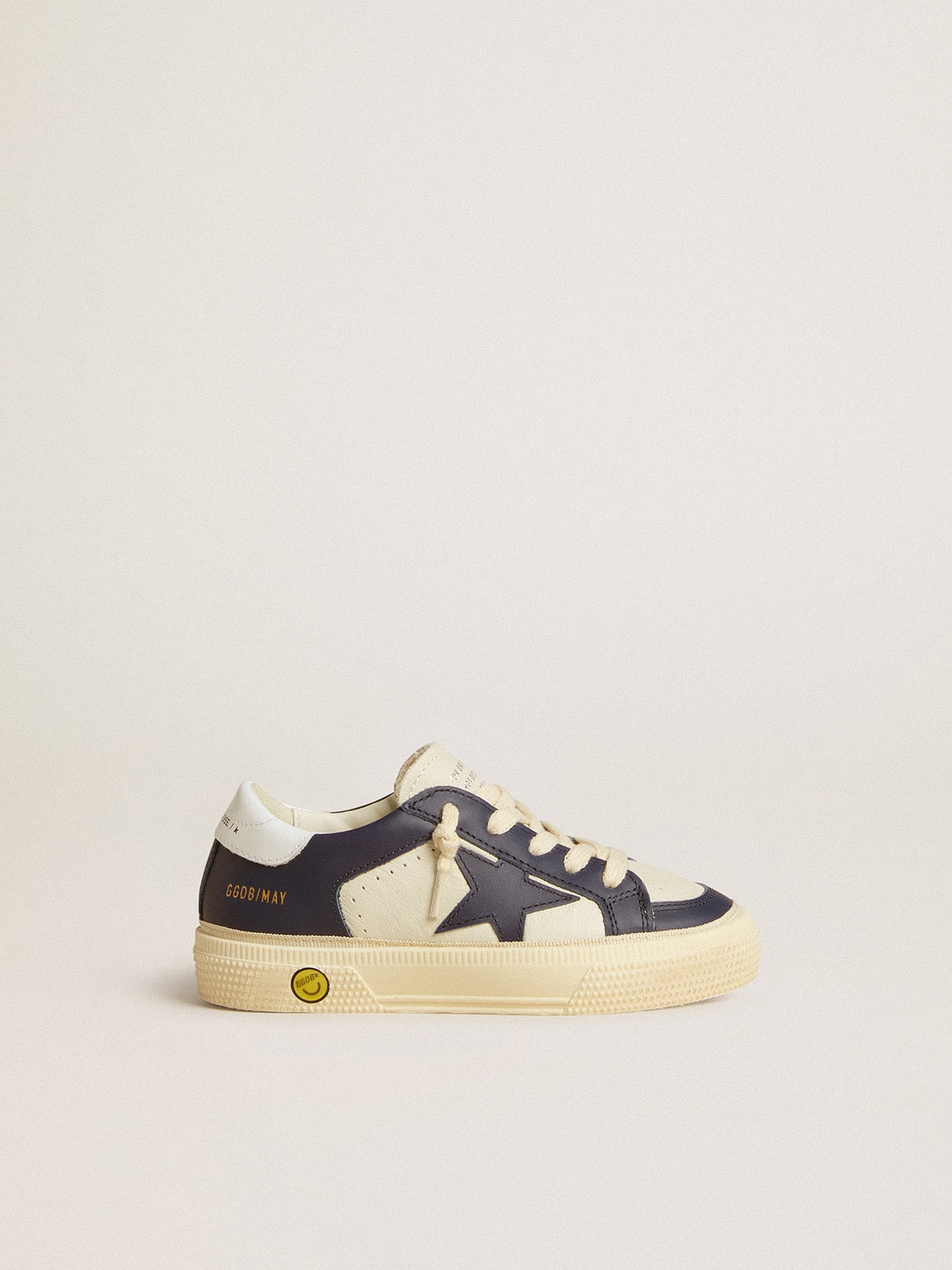 Junior May in white and blue leather with leather star and heel tab