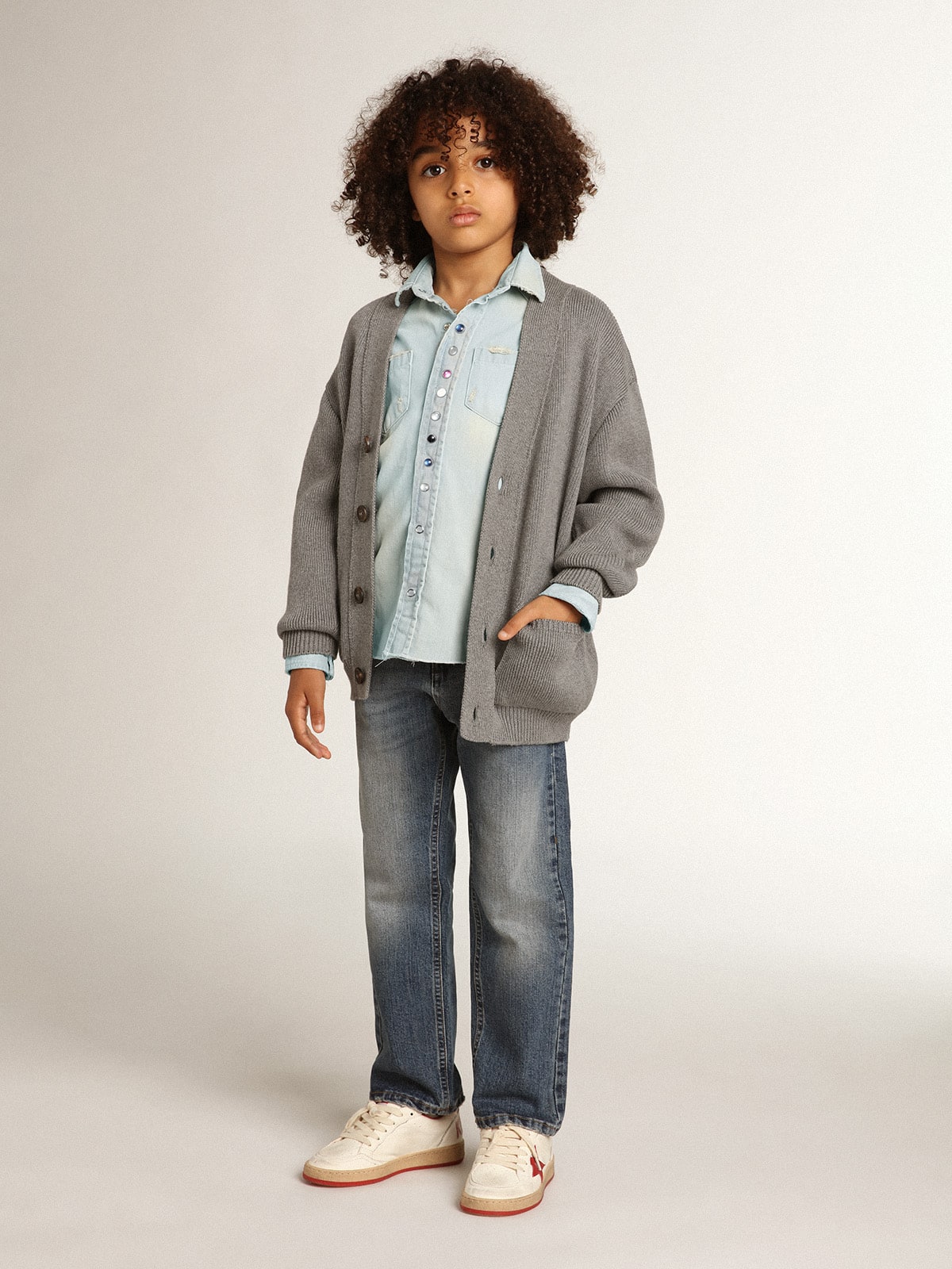 Gray cotton cardigan with logo on the back