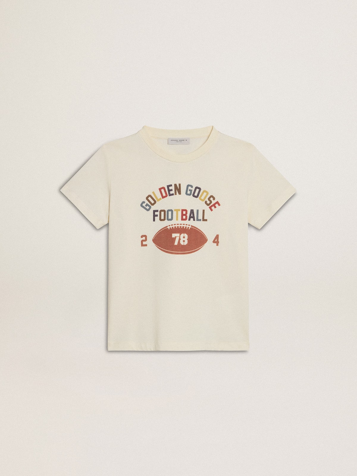 Boys’ T-shirt in worn white with multicolor lettering