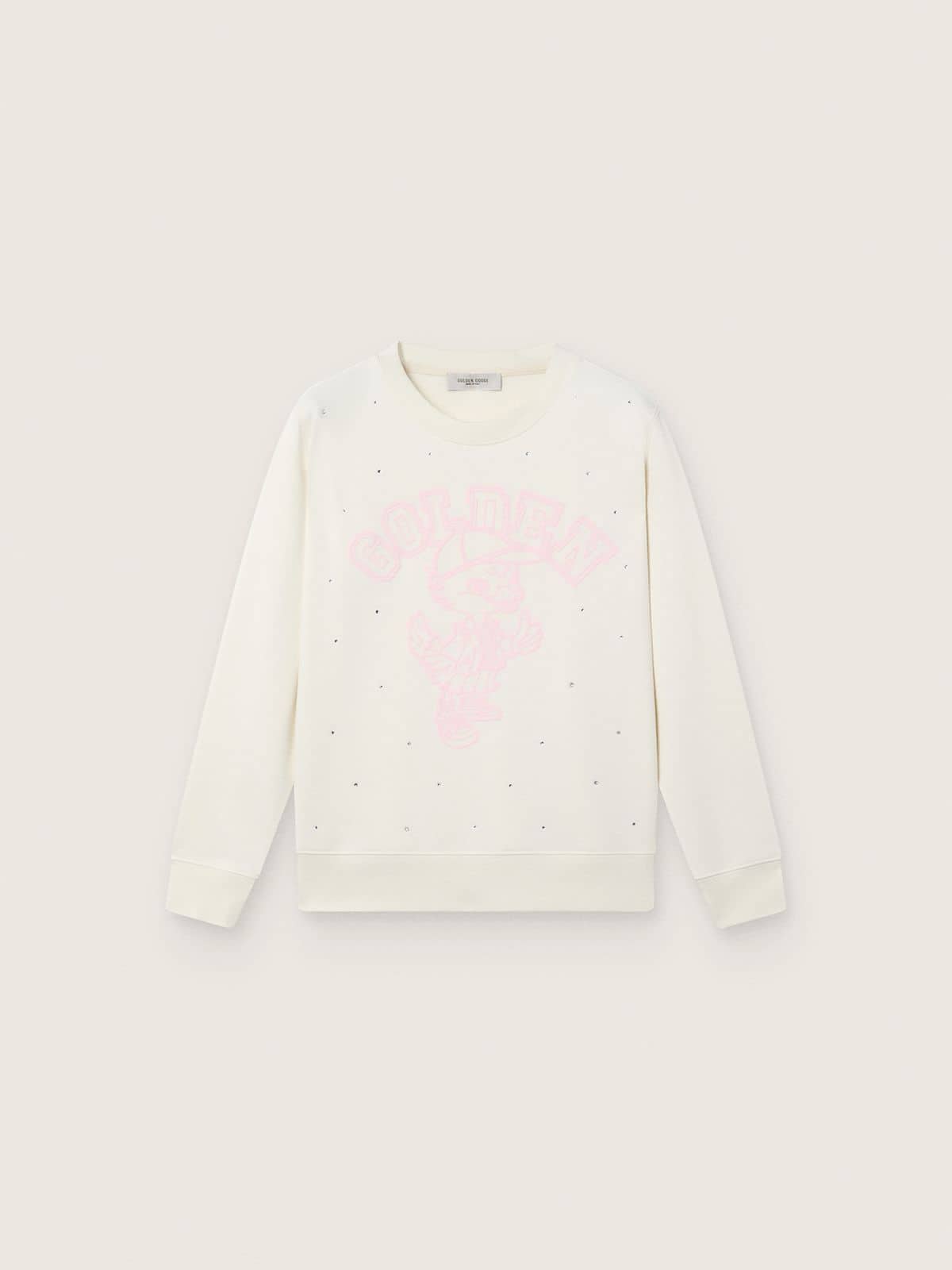 Journey white cotton crew-neck sweatshirt for girls with mascot print and crystal appliqués
