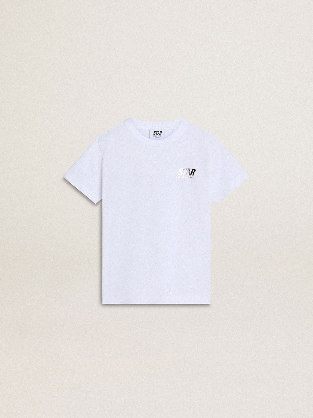 Kids’ white cotton T-shirt with silver print