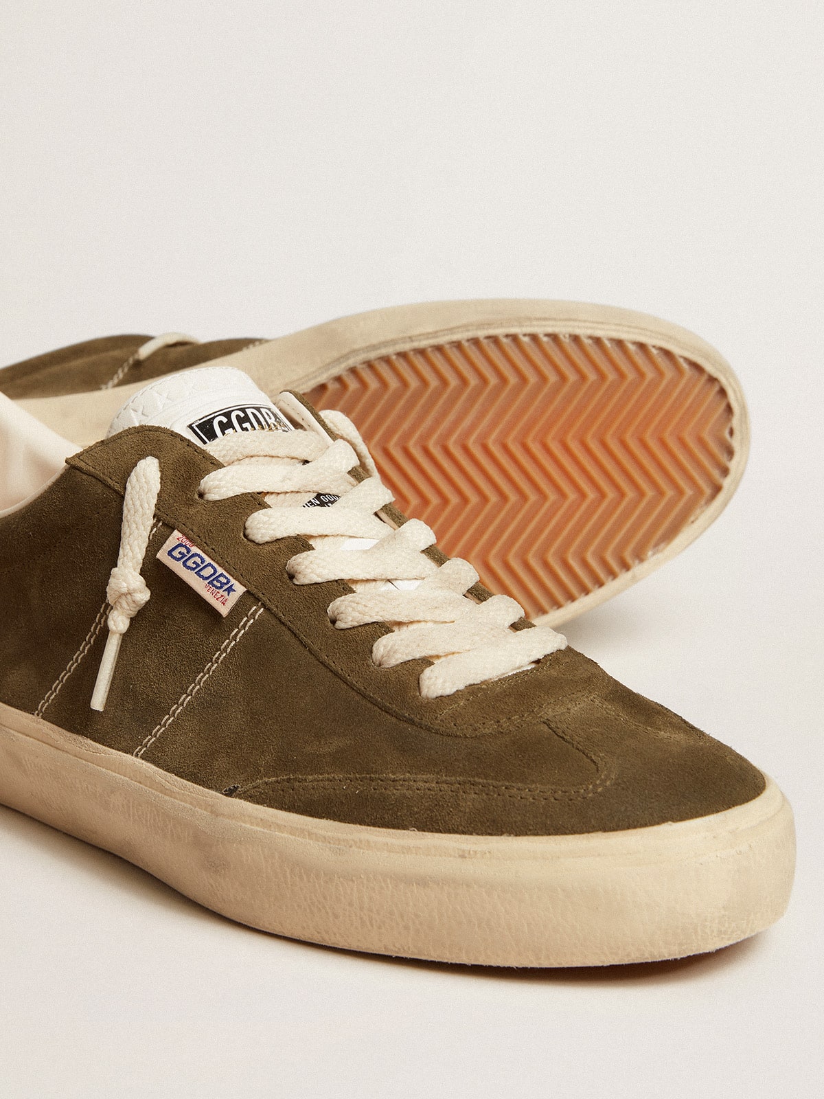 Men's Soul Star in green suede with white leather heel tab and tongue