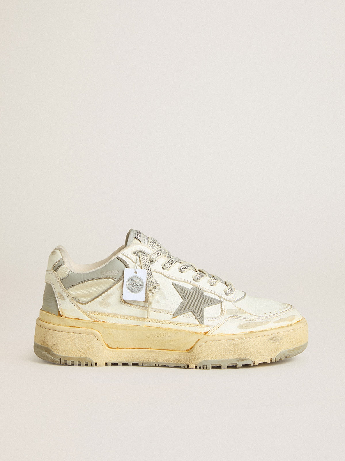 Men’s Forty2 in white leather with laces with Swarovski crystals and gray star