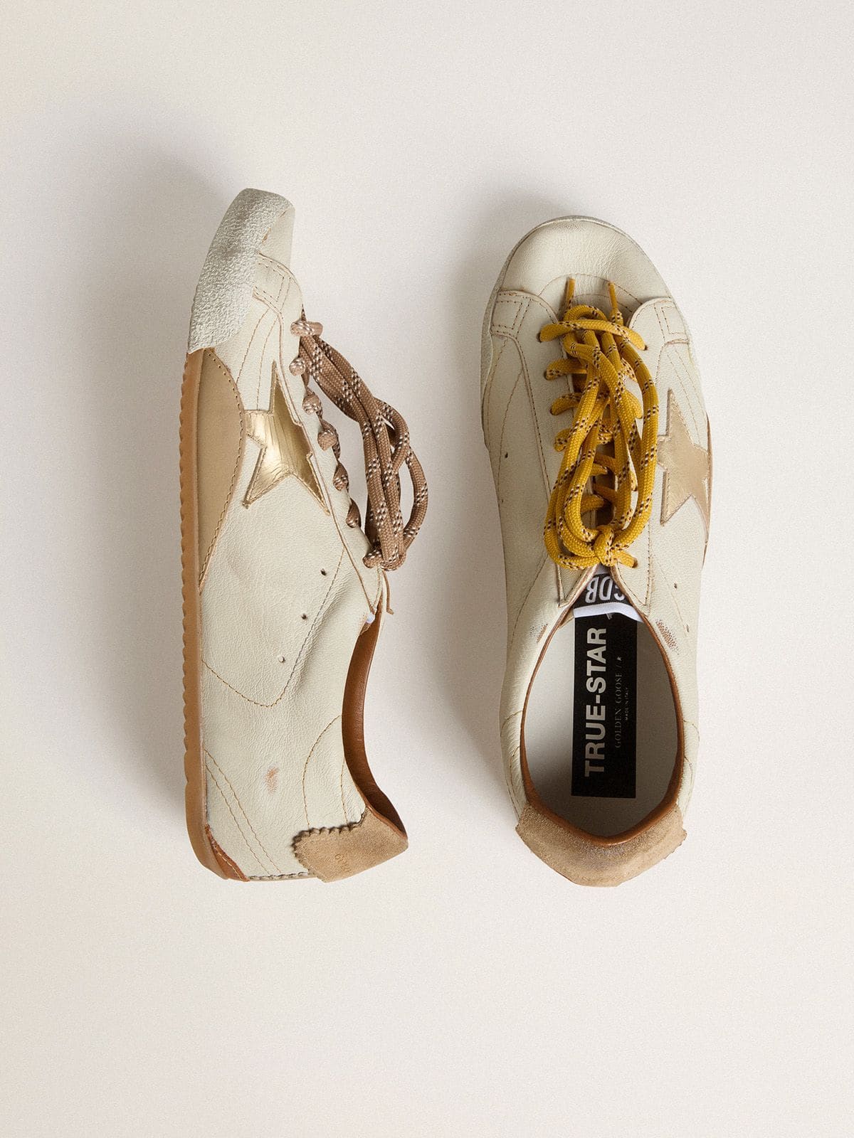 Men's True-Star in white nappa leather with gold foiled leather star and beige suede heel tab
