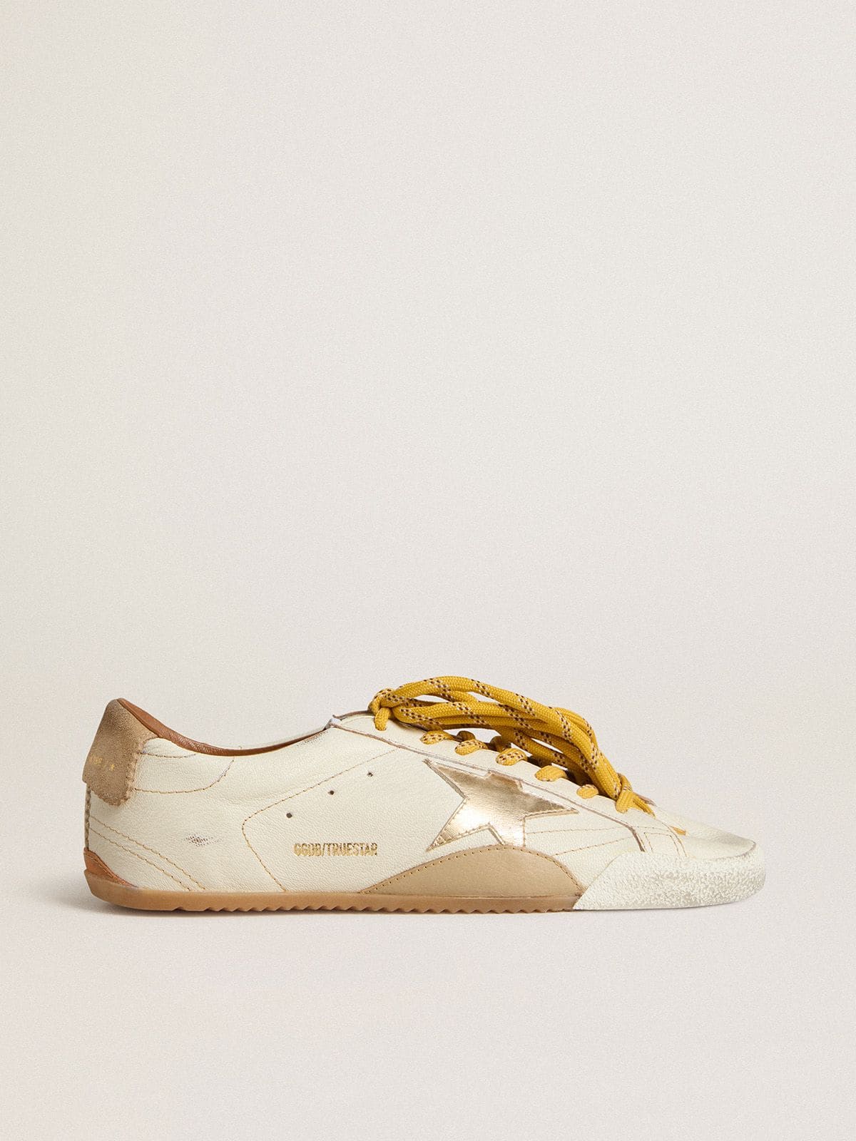 Men's True-Star in white nappa leather with gold foiled leather star and beige suede heel tab