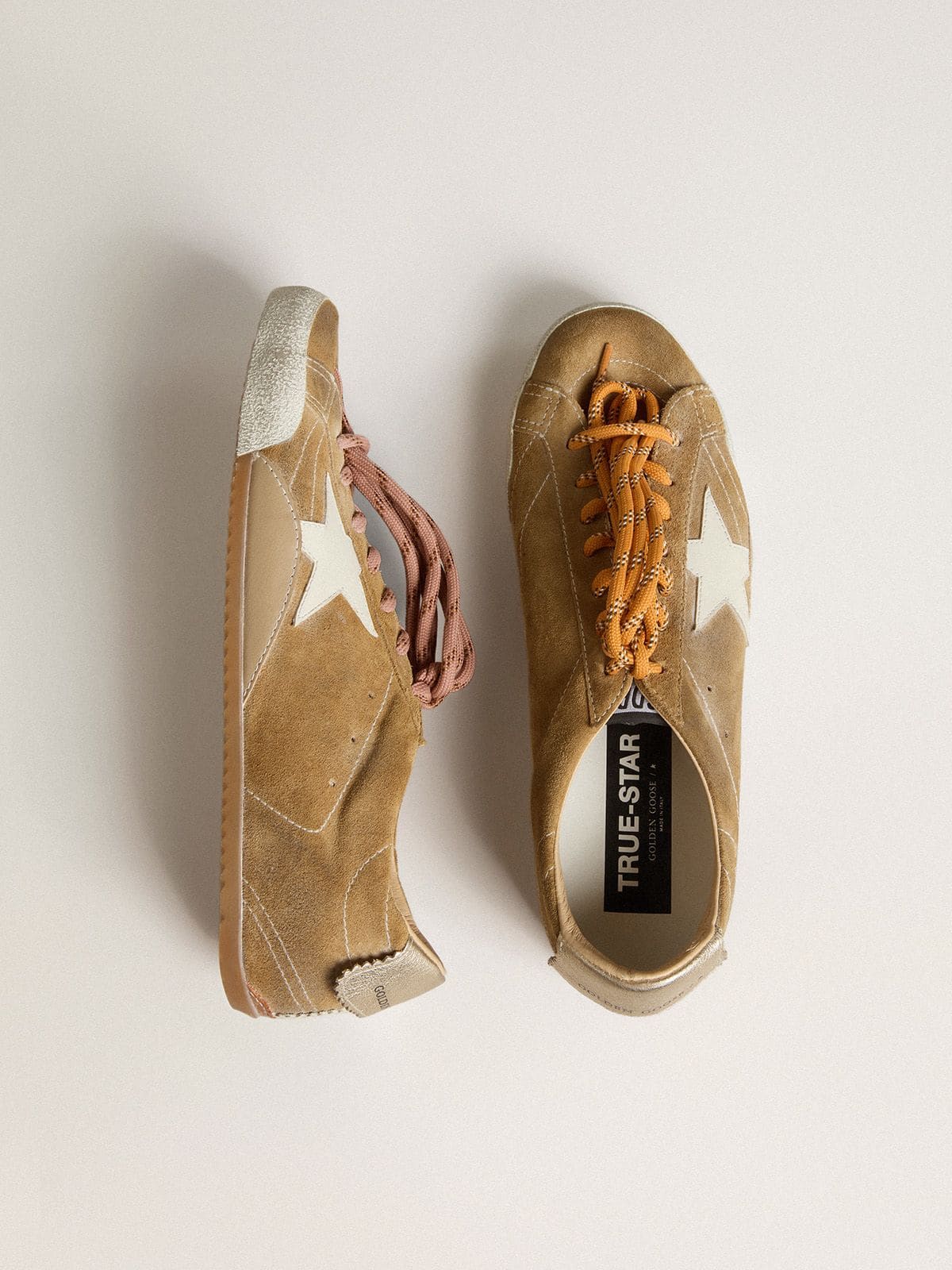 Men's True-Star in tobacco-colored suede with white star and platinum heel tab