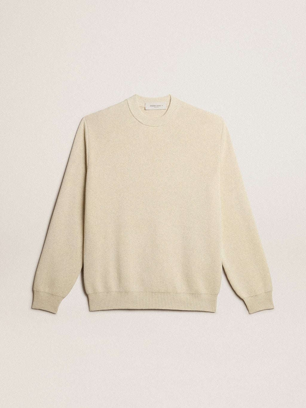 Men’s round-neck sweater in panama-colored cotton with logo on the back