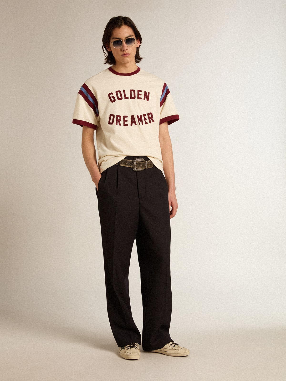Men’s white T-shirt with burgundy lettering on the front