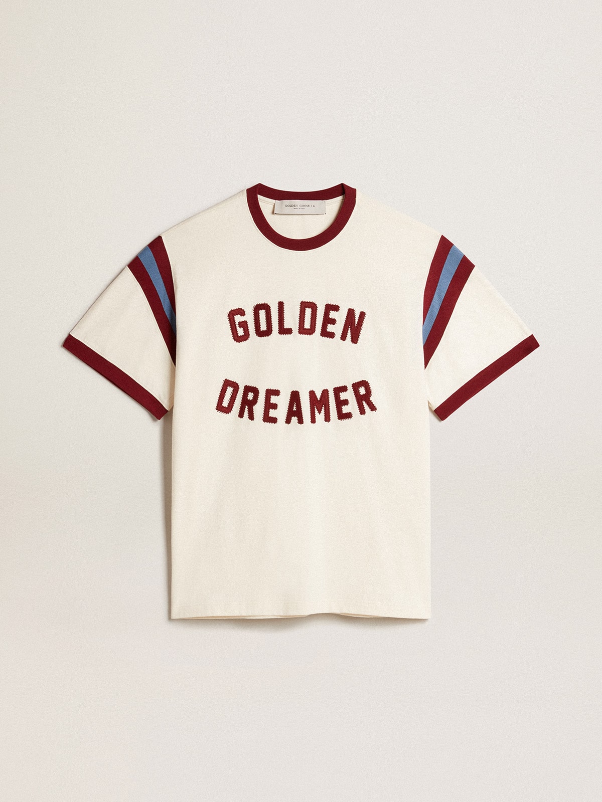 Men’s white T-shirt with burgundy lettering on the front
