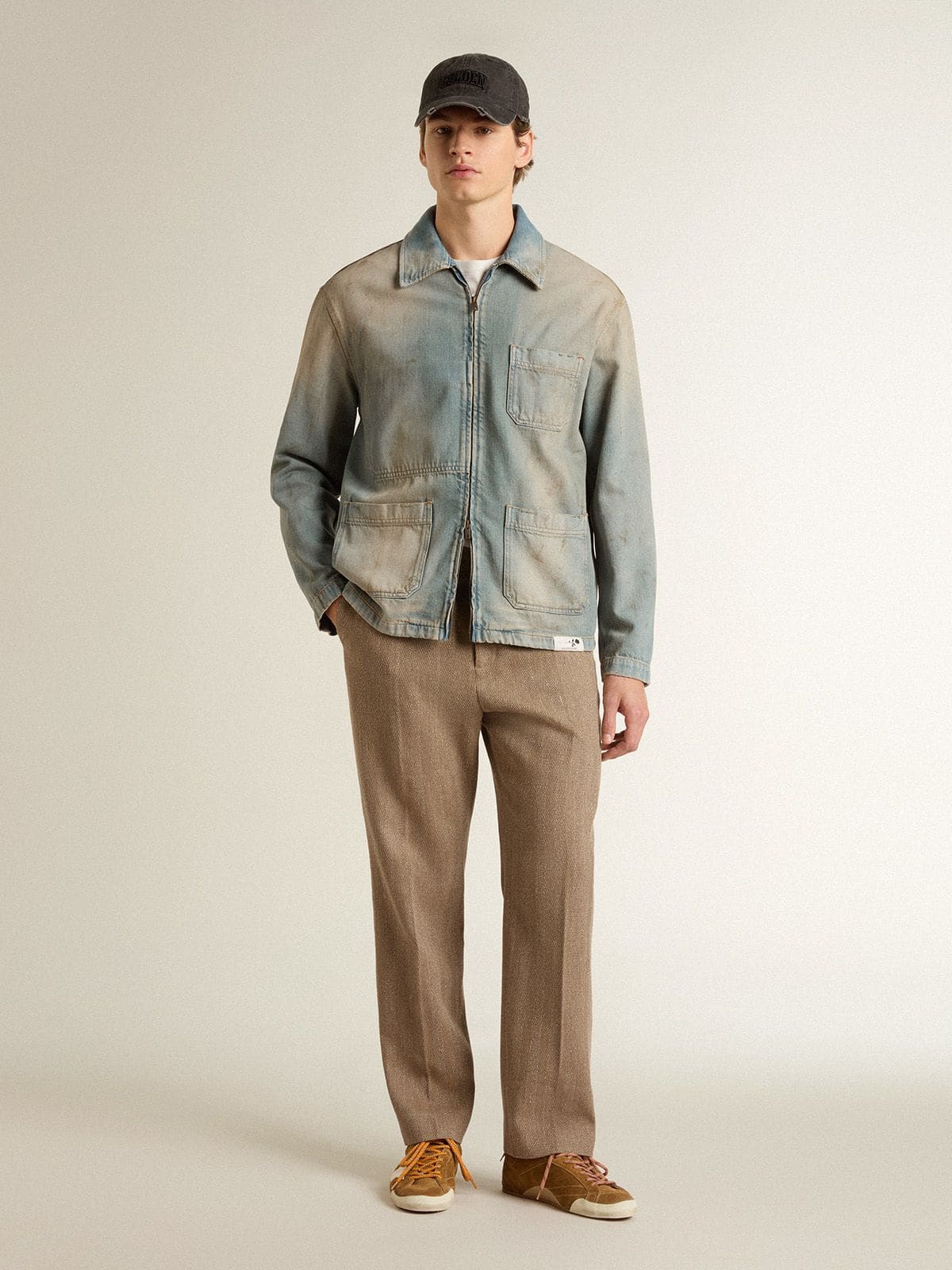 Men's distressed-effect denim jacket with zip