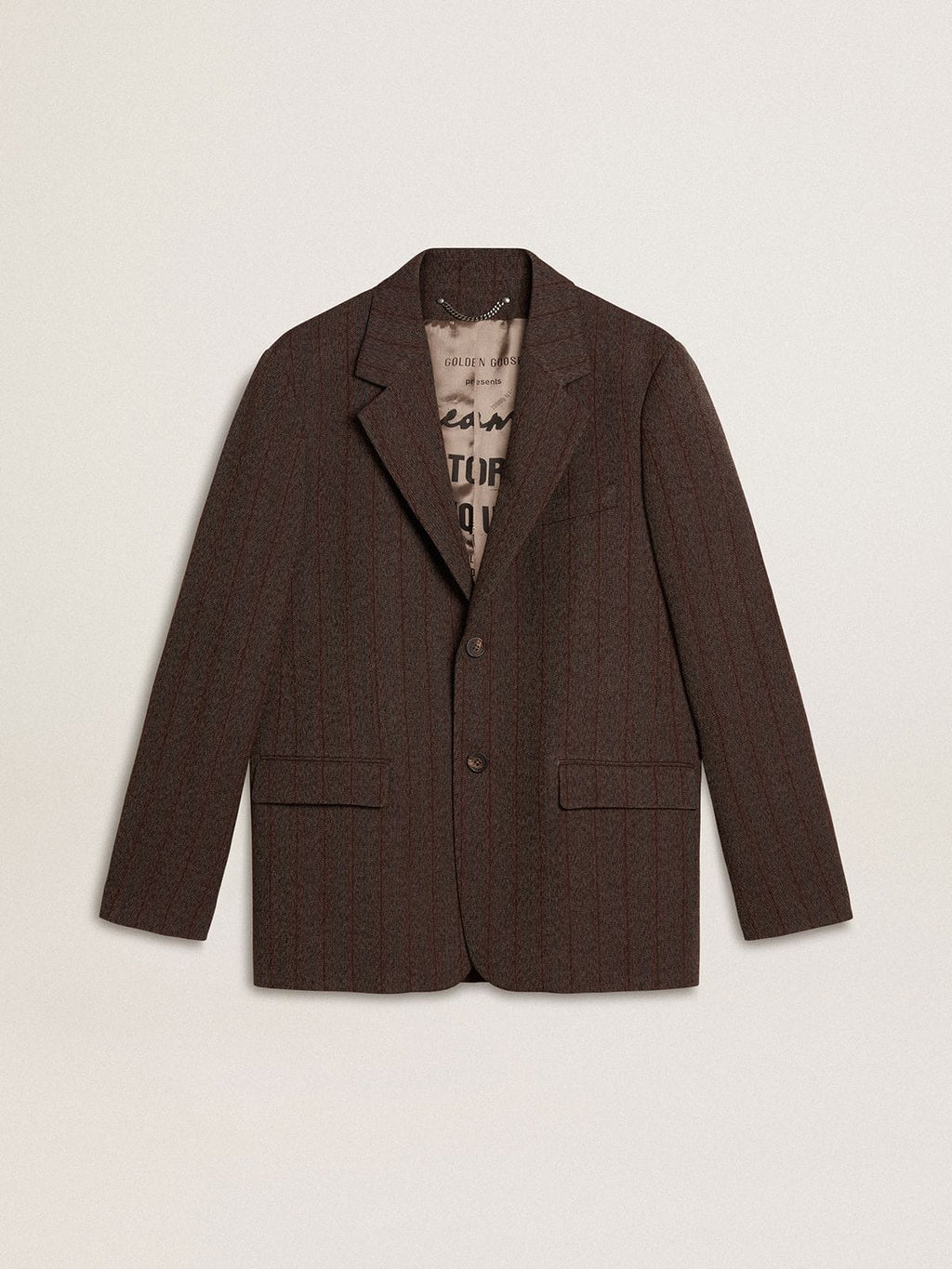 Men's single-breasted blazer in dark brown wool with thin stripe pattern