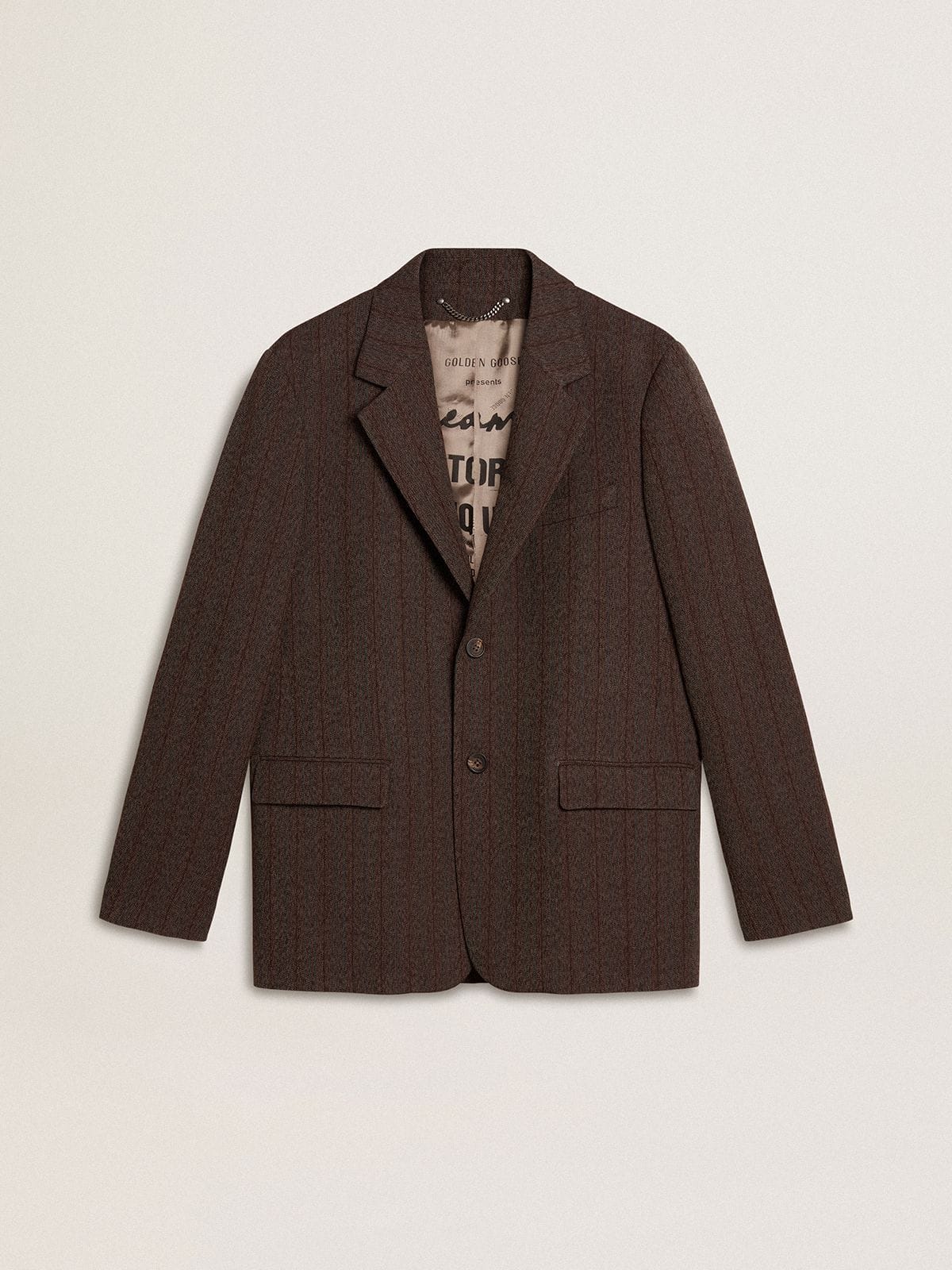 Men's single-breasted blazer in dark brown wool with thin stripe pattern