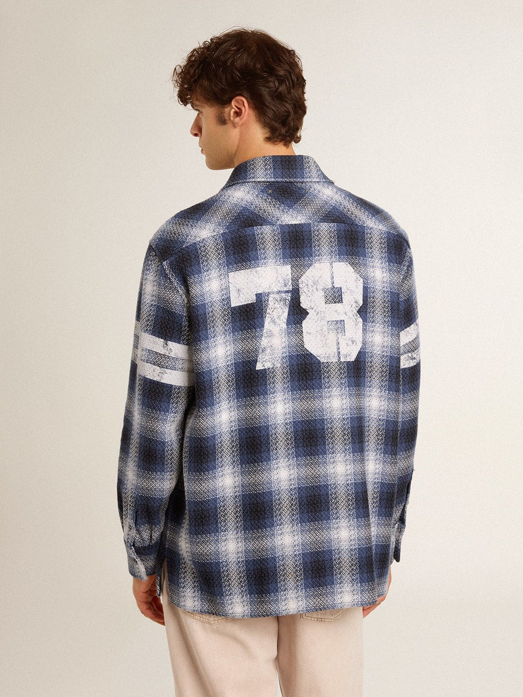 Men's blue 3D checkered shirt with print on the back