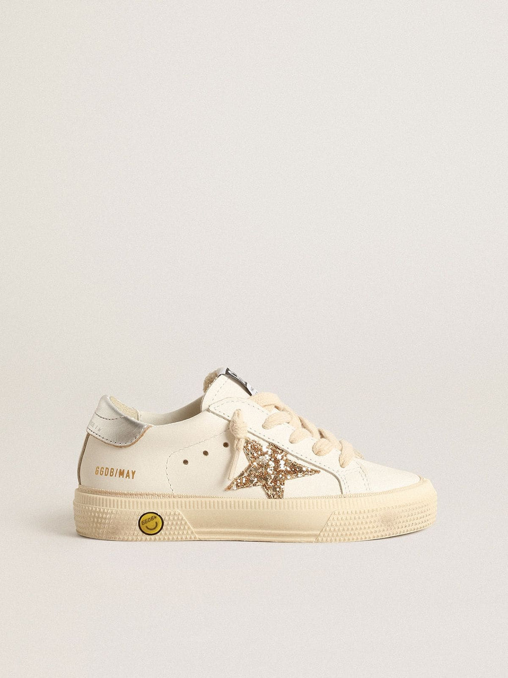May Teen in white leather with gold glitter star and silver heel tab