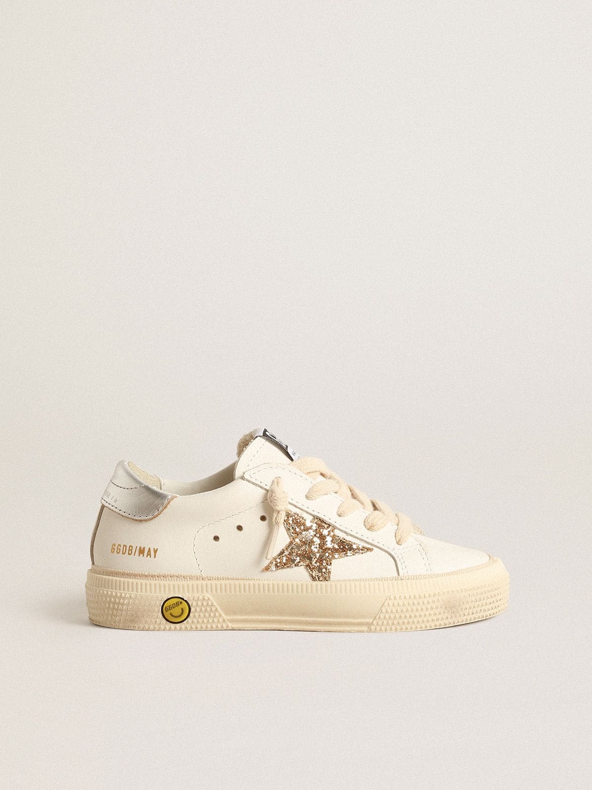 May Teen in white leather with gold glitter star and silver heel tab