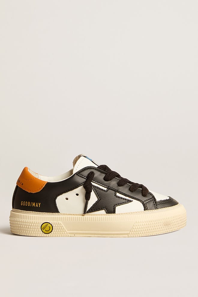 May Teen in black and white leather with black star and orange heel tab