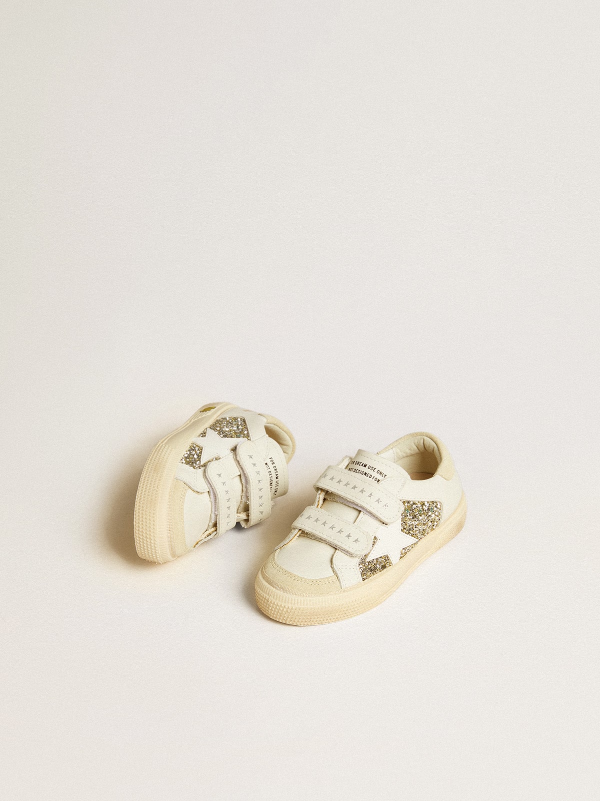 May Teen in white leather and gold glitter with white leather star