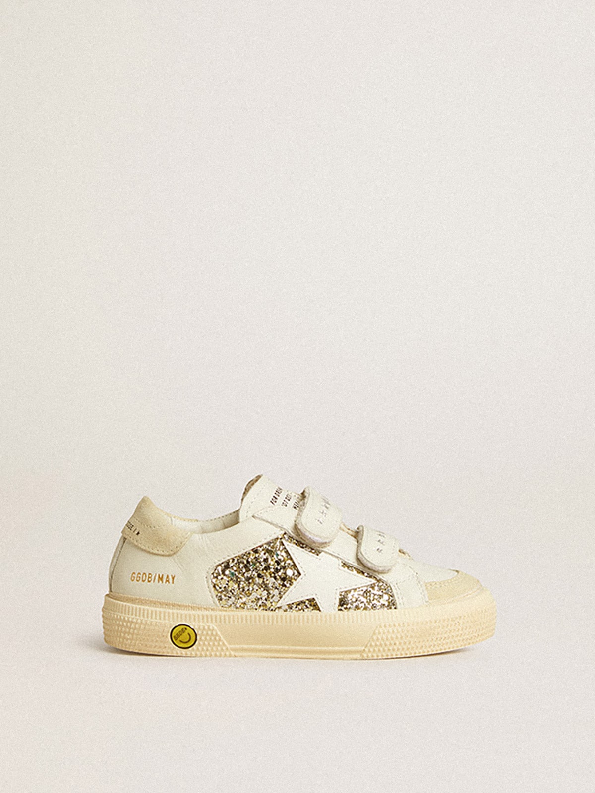 May Teen in white leather and gold glitter with white leather star