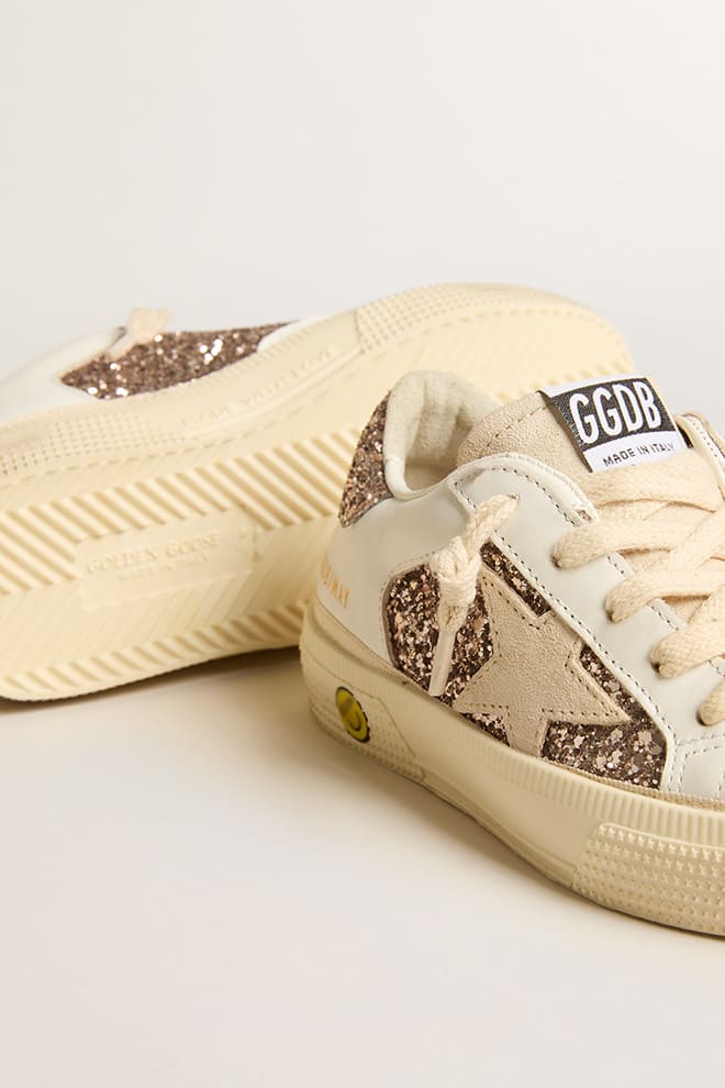 May Teen in white leather and rose gold glitter with beige suede star