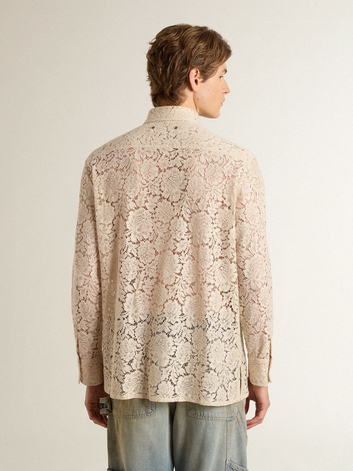 Oversized shirt in cream-colored see-through lace