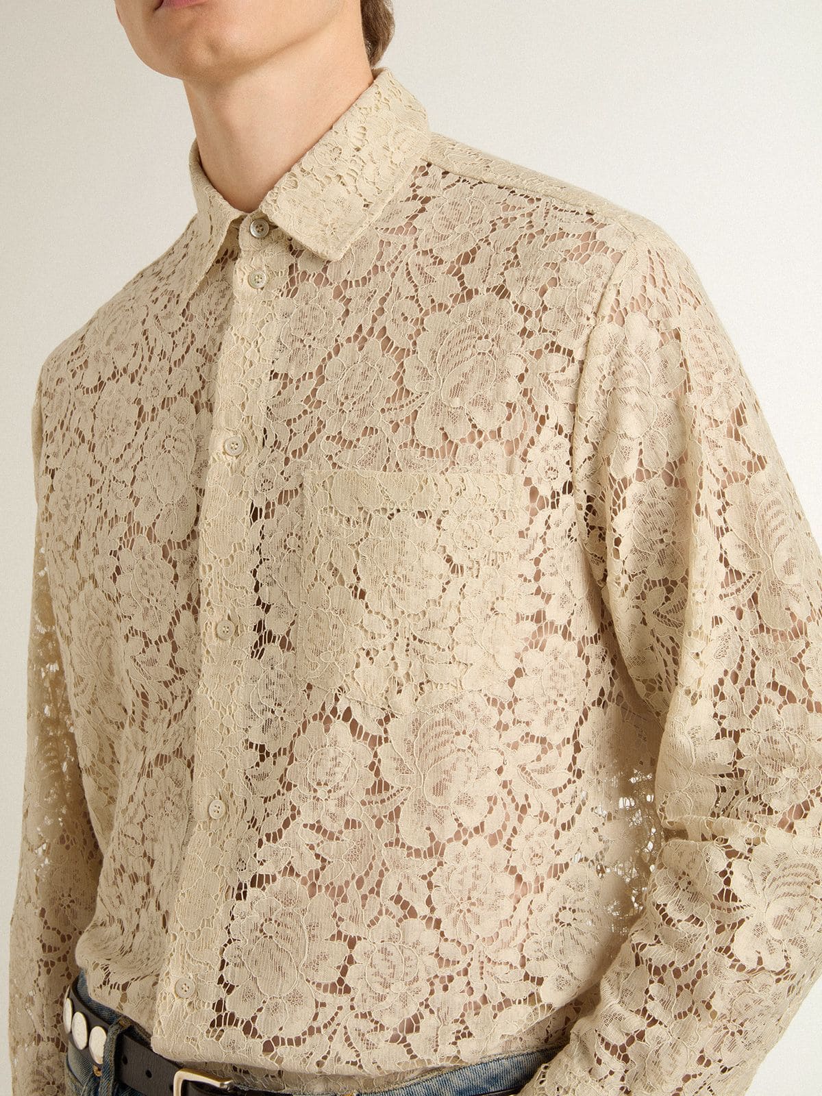 Oversized shirt in cream-colored see-through lace