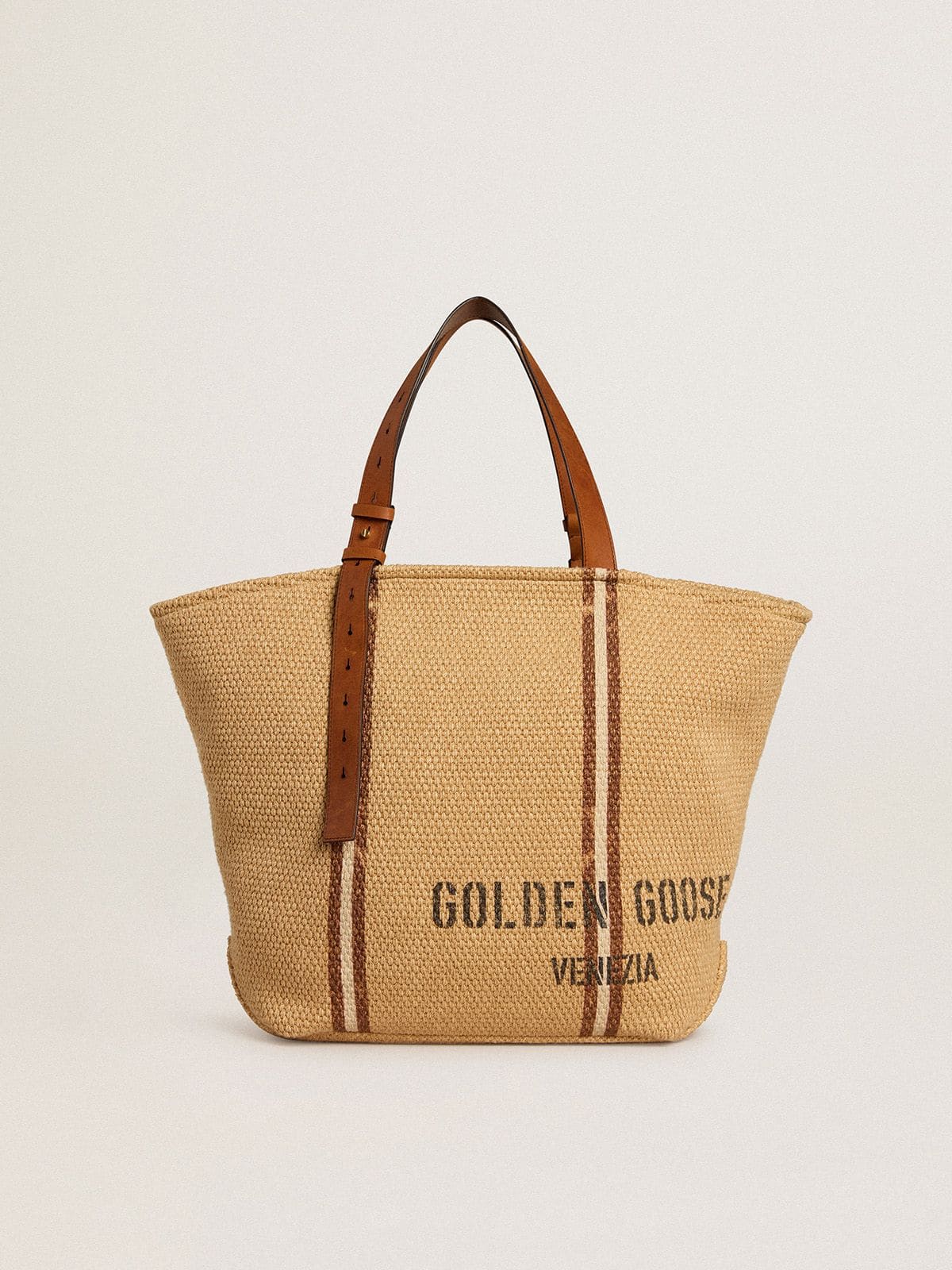 24.7 tote bag in natural raffia and brown leather with gold metallic details