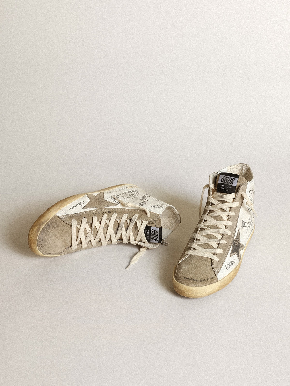 Women's Francy with dove gray suede inserts and all-over lettering