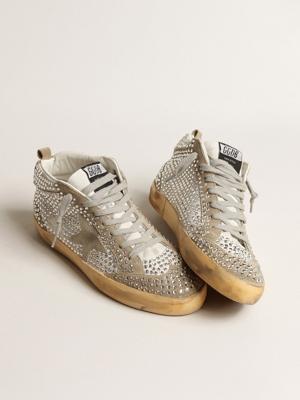 Women’s Mid Star in white and dove-gray suede with Swarovski crystals
